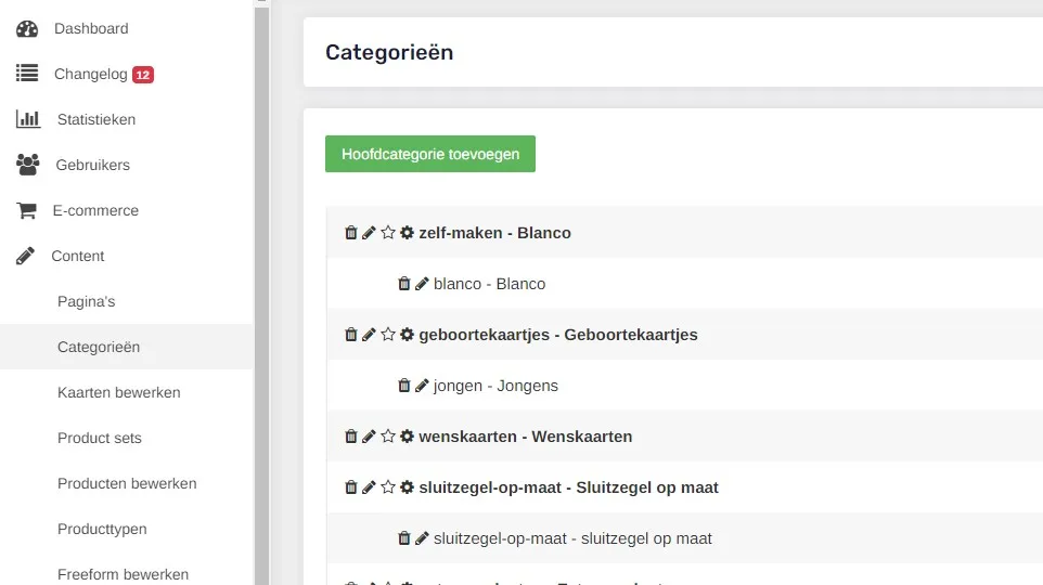 Overzicht categorieen in het CMS
