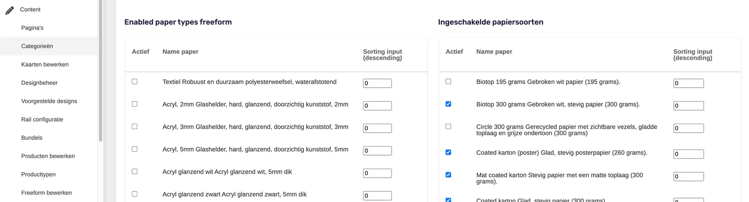 Ingeschakelde papiersoorten