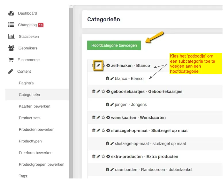 Categorie en subcategorie toevoegen