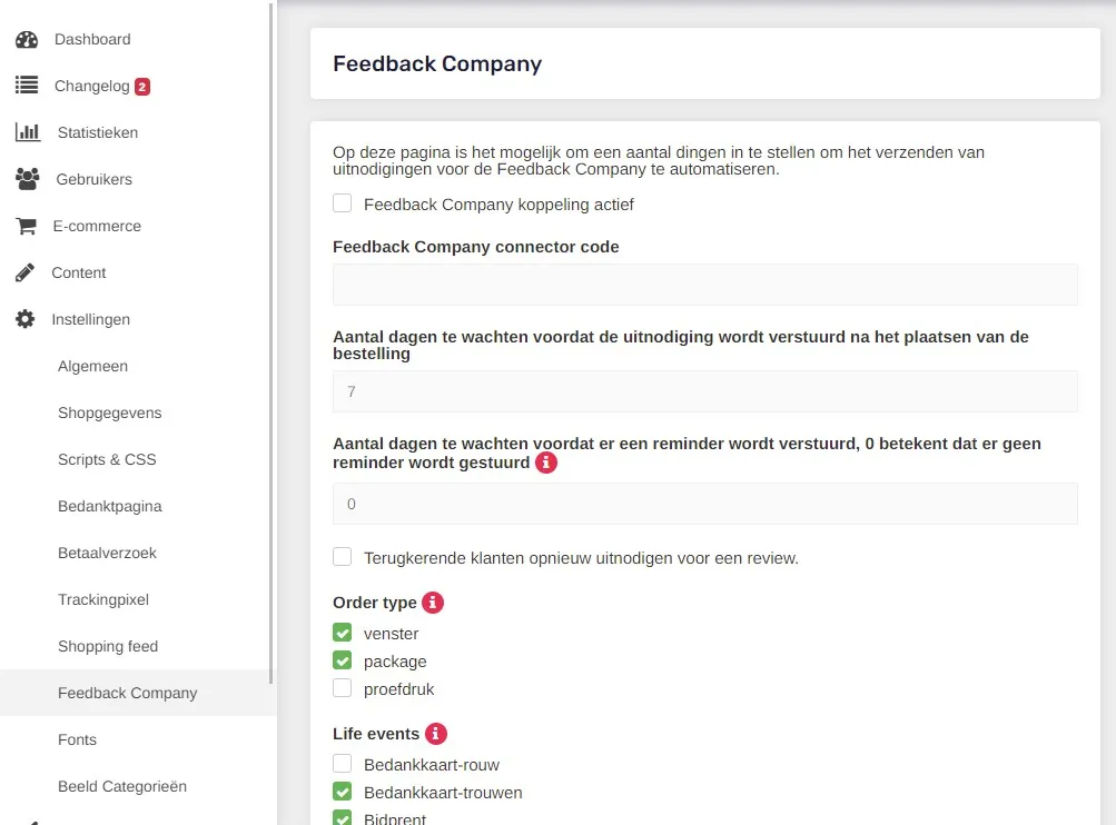 Feedback Company instellingen