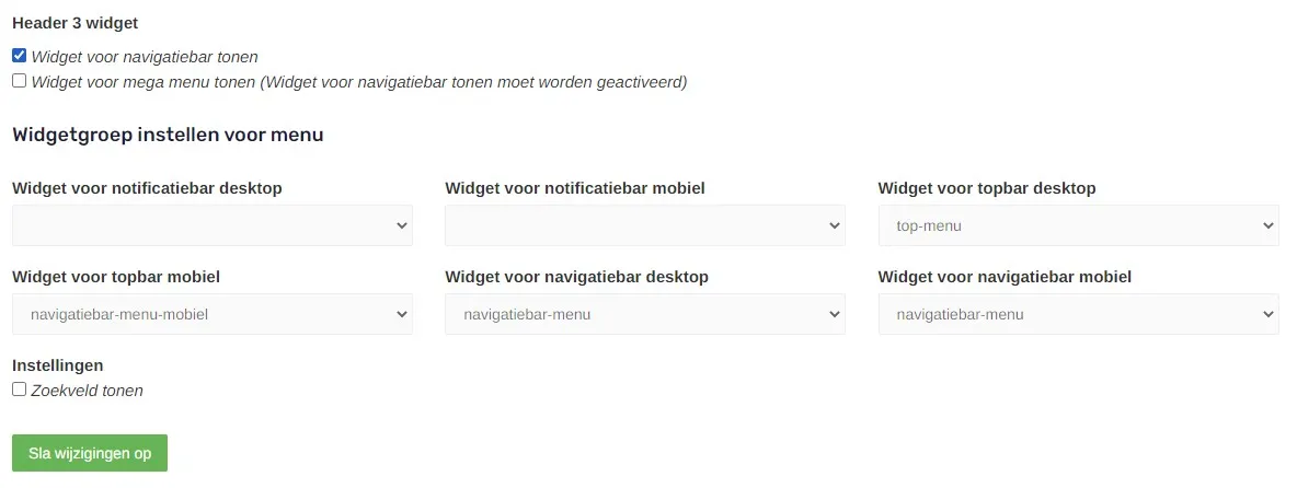 Widget als headermenu instellen