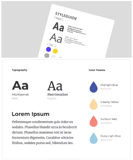 Voorbeeld van een styleguide met keuzes voor kleuren en fonts.
