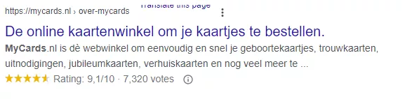 Voorbeeld van reviewssterren bij metadescription op Mycards.nl