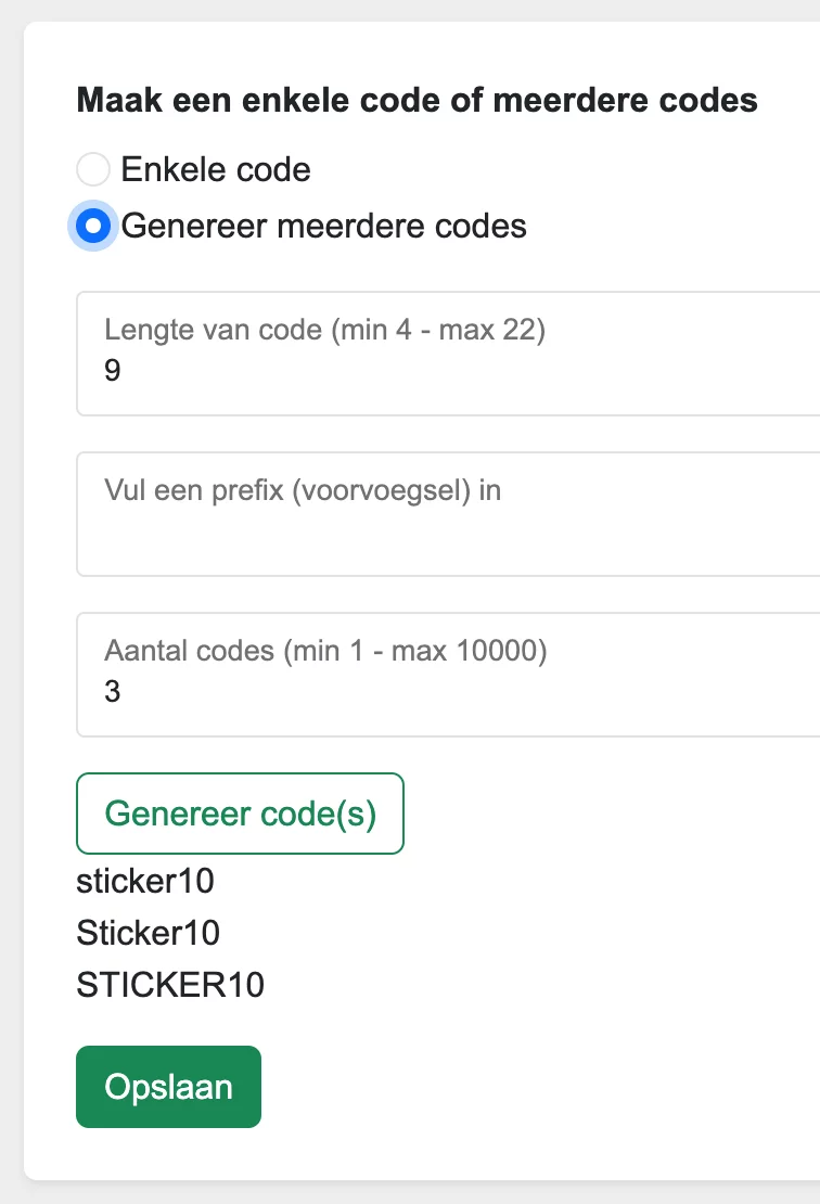 Specifieke Codes genereren