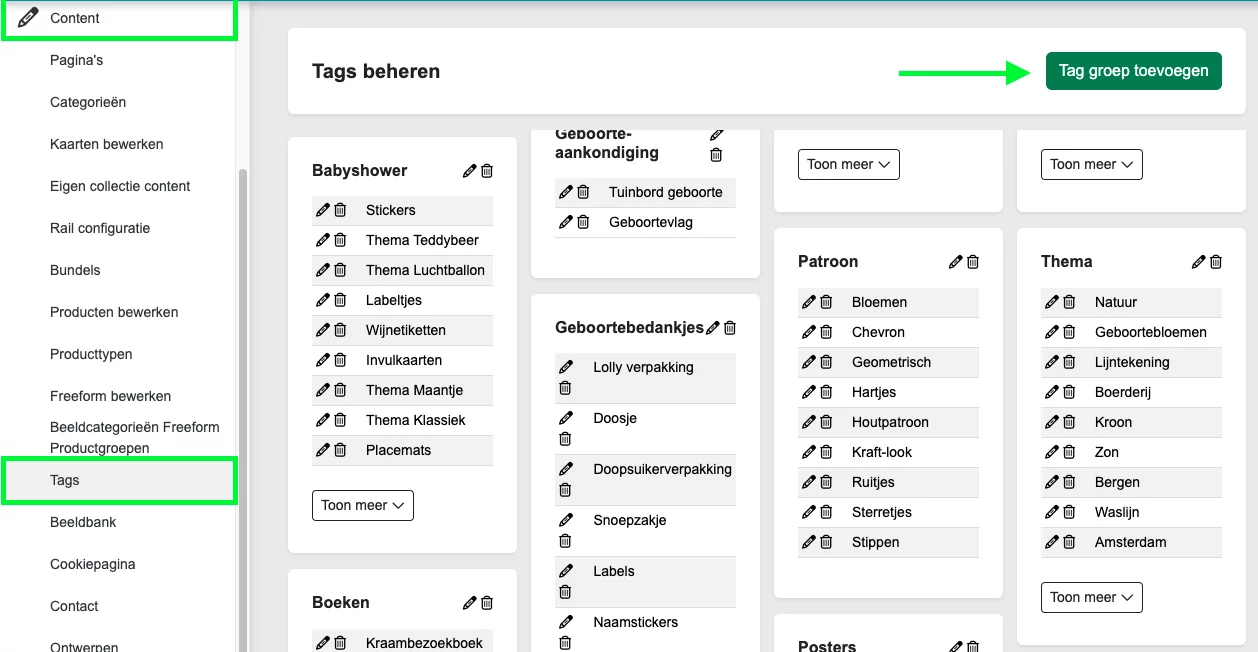Taggroep toevoegen in het CMS