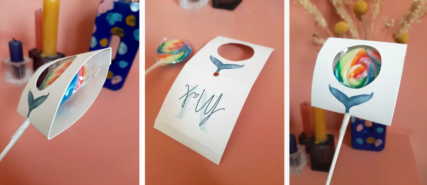Lollyhoesje voorbeeld: voorkant met ronde uitsparing en achterkant met naam